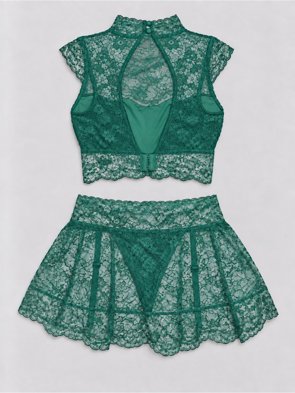 La Vie En Rose Teal Green Lace High-Neck Bralette and Skirt Set - Picture 3 of 4